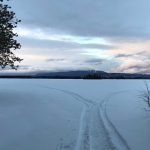 paths through snow with Katahdin in the background