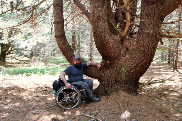 man smiling sitting in wheelchair next to giant tree