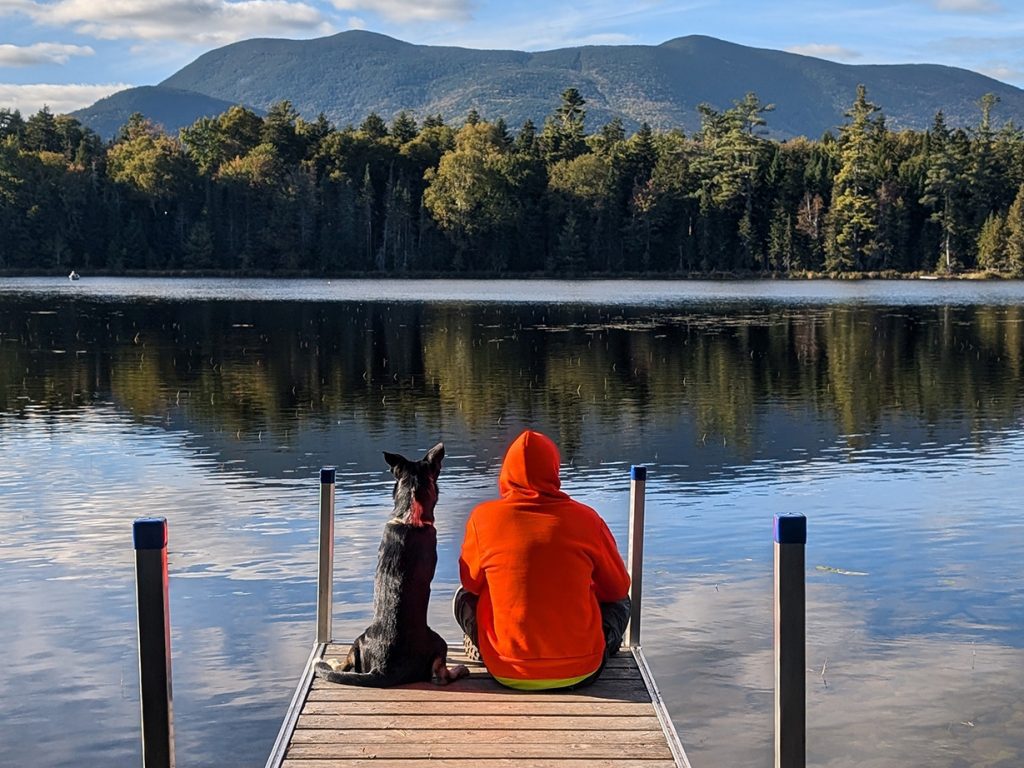 dog and person in hooded sweatshirt looking at mountain while sitting on wooden dock