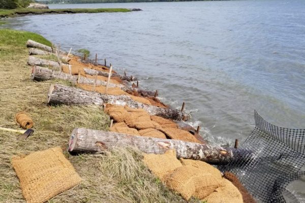 Construction of a nature-based shoreline stabilization project on Maquoit Bay in Brunswick (Images from D. Bannon, GEI and P. Slovinsky, MGS)