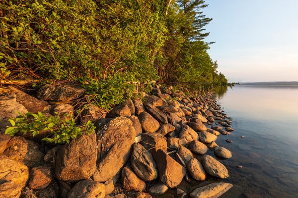 rocks and trees along shoreline of lake